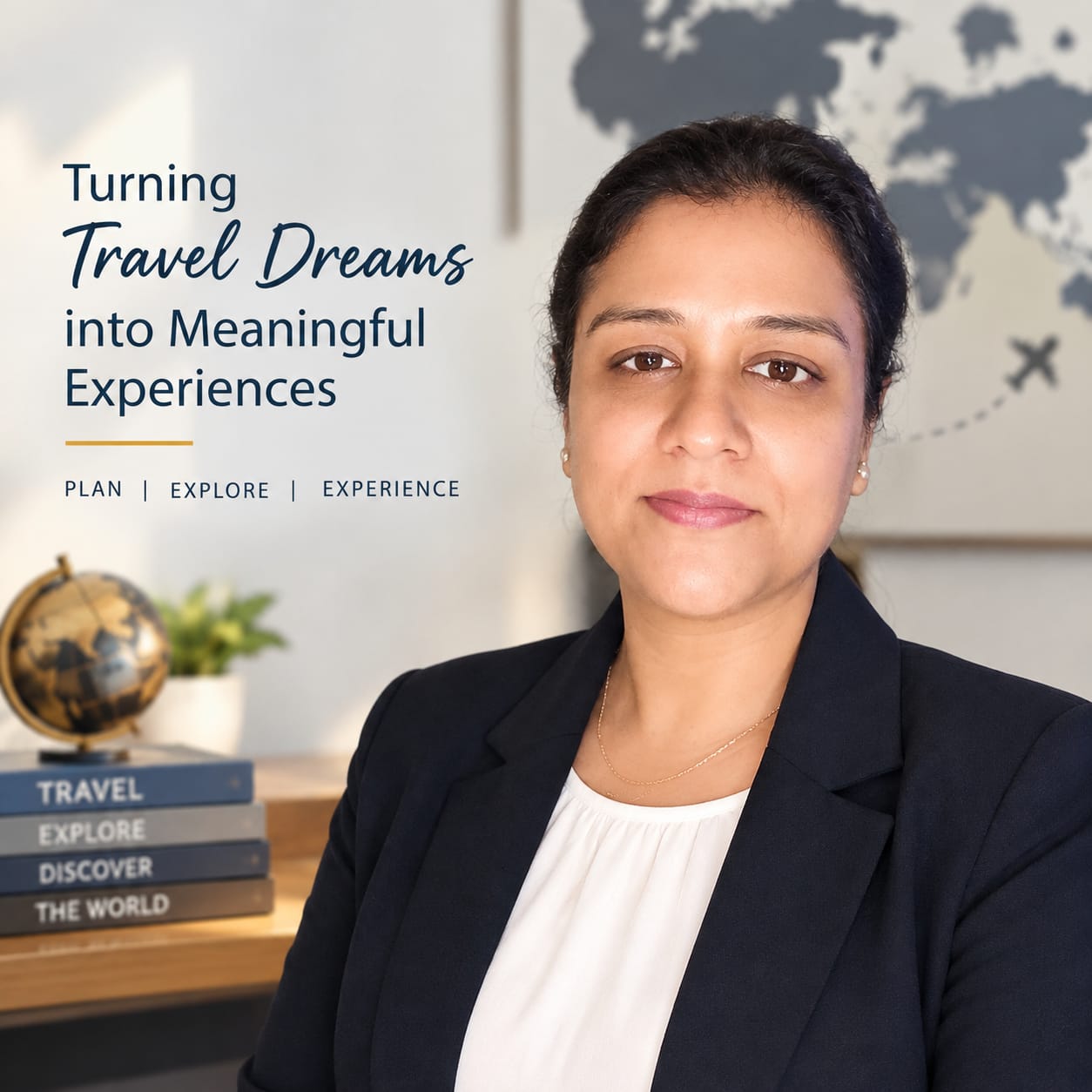 Portrait of Sugandha Goel, Founder and Travel Advisor at Holiday Explorers, smiling in front of a travel-themed background with books and a world map.